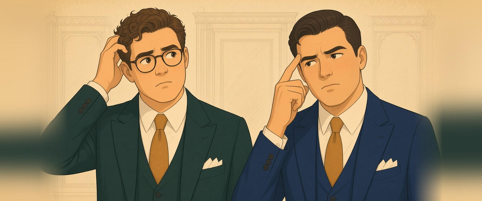 Drawing of Gavin scratching his head and JJ with a finger to his temple, both thinking