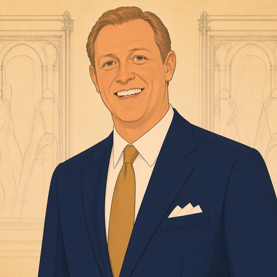 Drawing of JD in a navy suit and gold tie