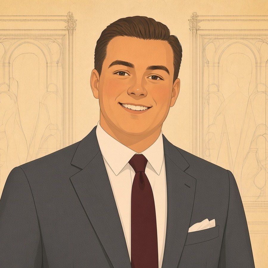 Drawing of JJ in a grey suit and burgundy tie