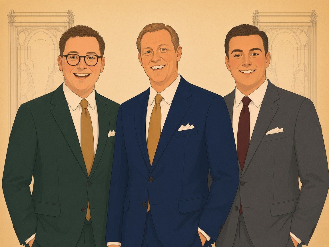 Drawing of Gavin, JD and JJ side by side in green, navy and grey suits