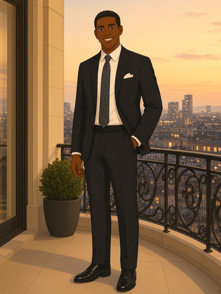 Drawing of a man in a black suit on a balcony at dusk