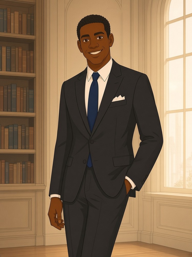 Drawing of a man in a charcoal grey suit in a library