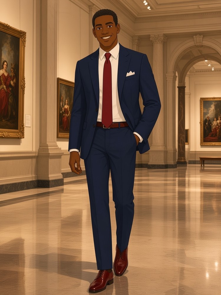 Drawing of a man in a navy suit walking through an art gallery