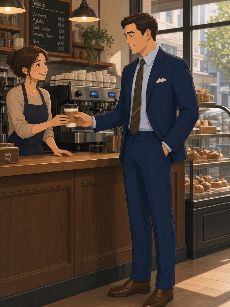Drawing of a man in a blue suit taking a coffee at a counter