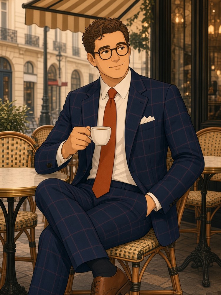 Drawing of a man in a navy windowpane suit with a coffee at a caf&eacute; table